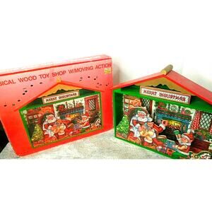 Vintage Macys Musical Merry Christmas Wood Toy Shop with Moving Action